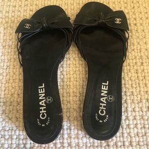 Authentic Chanel black bow slide sandals